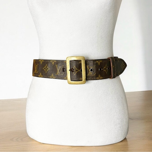 Authentic Vintage Louis Vuitton Brown Monogram Leather Statement Belt Size 85/34 - Picture 1 of 15